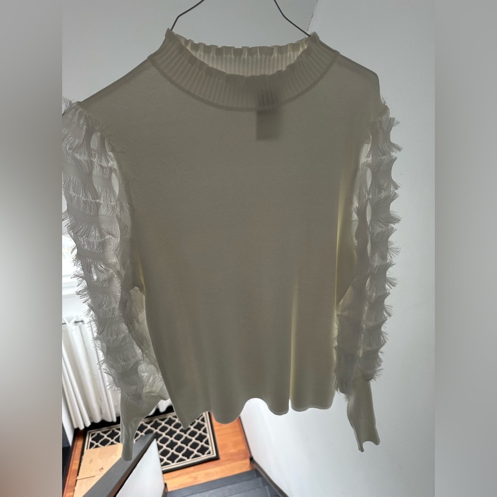 NWT White Sioni Fringe Trim Statement Sleeves Sweater Blouse - Picture 5 of 9